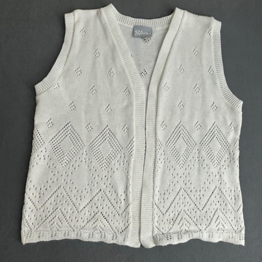 Blair Vest Women Medium White Open Front Pointelle Knit Diamond Chevron Vintage